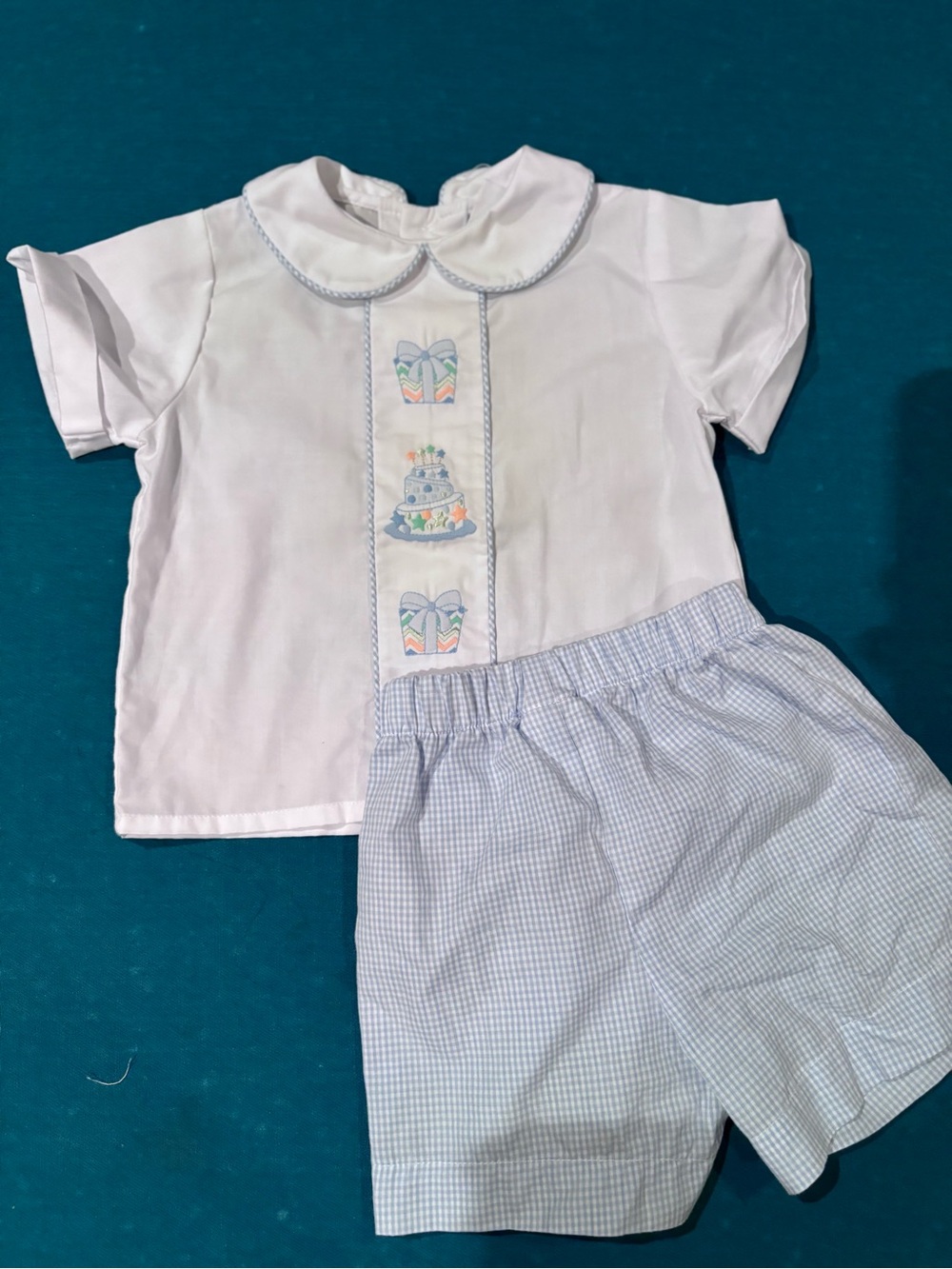 The Bailey boys birthday Peter Pan Collar Top with Light Blue Gingham Shorts